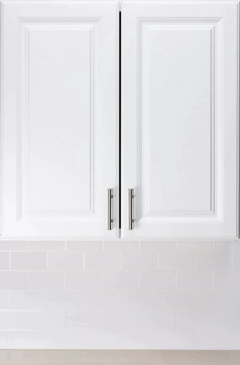 5 Inch Brushed Nickel Adhesive Cabinet Handles Set Of 4 All Metal Self Stick Drawer Pulls No Drilling With 3M Adhesive mounted on white cabinet