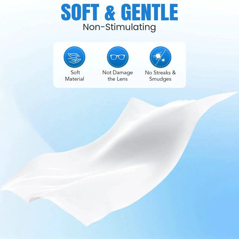 Individually Wrapped Lens Wipes for Glasses Phones Cameras Goggles Non Scratch showcasing softness and non-streak features.