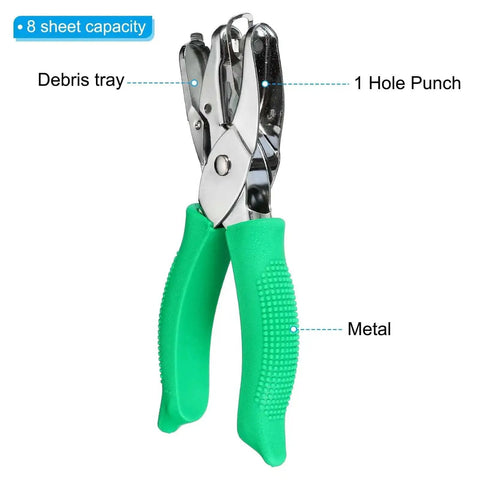 Green Square Hole Punch 0.2 Inch Handy Handheld Paper Puncher with ergonomic grip, shown with metal body and green handle, 8 sheet capacity
