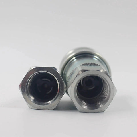 Half Inch NPT Ag ISO 5675 Hydraulic Quick Connect Tractor Coupler Ball Style With Red Dust Caps, front view