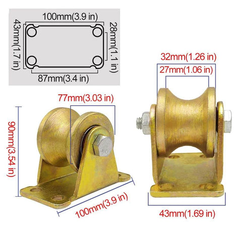 Side view of Heavy Duty U Groove Steel Caster Wheel With Double Bearings For Industrial Machines And Sliding Doors Gold Finish 77mm