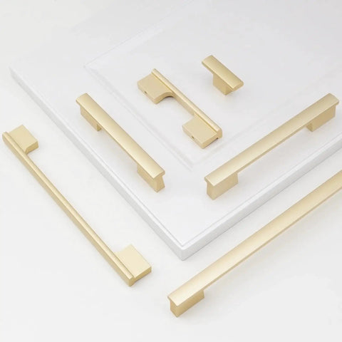 10 Pack Brushed Gold Cabinet Knobs For Kitchen Cabinets And Drawers Solid Metal Drawer Pulls Displayed on White Surface