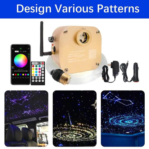 RGBW Fiber Optic Star Ceiling Kit With 550 Strands, 13.1 Feet Long showing components and lighting effects for car or home ceilings