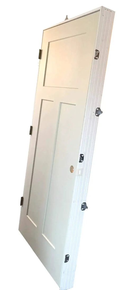 Side view of a door with brackets attached, part of the Bulk Door Install Kit With 77 Brackets And All Screws Delivers Fast Shim Free Install For 11 Doors Using 7 Brackets Each Or 12 Point 8 Doors With 6 Brackets Achieving 10X Faster Setup And A Consistently Perfect Reveal.