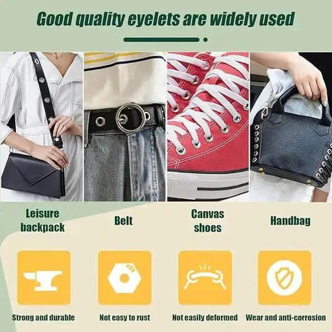 Various uses of 4Mm Round Eyelet Grommet Kit With Single Hole Punch on backpack, belt, shoes, handbag; durable, easy install.