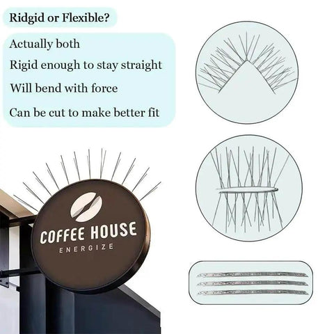 Stainless Steel Bird Spikes Deterrent Strips kit shown with installation guide, emphasizing flexibility and fit for roofs and fences.