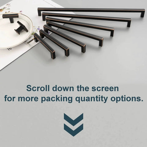 Oil Rubbed Bronze Solid Square Kitchen Cabinet Handles 5 Inch 10 Pack displayed on a table, showing various sizes, focus on hardware.