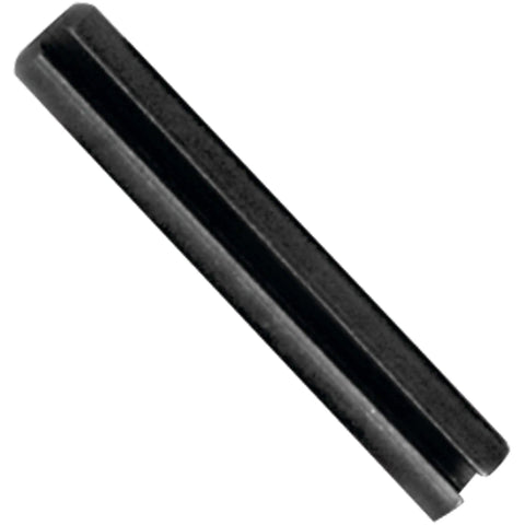 Close-up of a black carbon steel roll pin from the Roll Pin Assortment Kit With 10 Most Popular Sizes In A Resealable Plastic Case, Handy Grab And Go 120 Piece Set For Your Garage, Shop Or Home Repairs, Built For Quick Fit And Easy Access Pins For All Your Mechanical Projects.