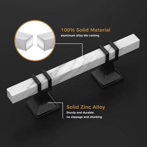 10 Pack 3 Inch Marble Cabinet Pulls With White Marble Grain Finish For Kitchen Cabinets And Dresser Drawers Black And White Modern Hardware displaying solid zinc alloy construction.
