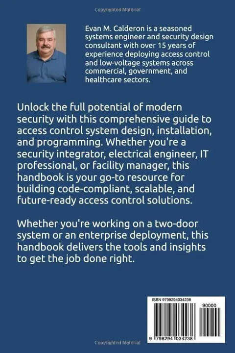 Book: Access Control Systems Handbook; Amazon; blue back cover with author photo, white text, and barcode.