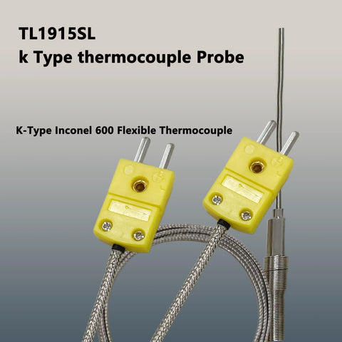 Two TL1915SL K-type thermocouple probes in yellow housings with braided cables and metal tips.