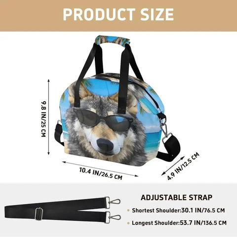 Insulated Lunch Box Tote Cooler Bag With Leakproof Design featuring a wolf print, adjustable shoulder strap, dimensions shown