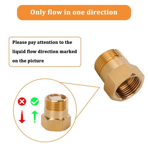Two brass one-way check valves, 3/4in female to 3/4in male threads for backflow prevention