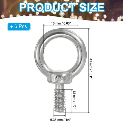 Front view of Six Pack 1/4-20 UNC Lifting Eye Bolts Set, 316 Stainless Marine Grade Eye Bolts With Threaded Rings and dimensions.