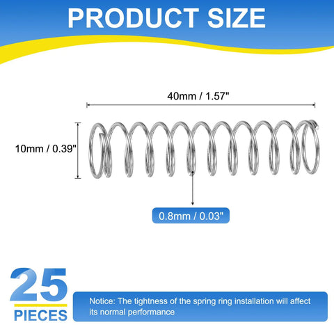 25-pack 304 stainless steel compression springs, 10 mm OD, 0.8 mm wire, 40 mm length, silver tone