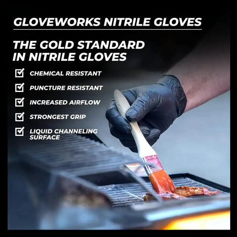 Nitrile Gloves 6 Mil Latex Free Powder Free Diamond X Large Pack 100 Food Safe in use grilling, showing diamond grip texture.