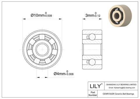 MR104 ceramic ball bearing, Lily brand, 4x10x3 mm with front view and cross-section illustration.