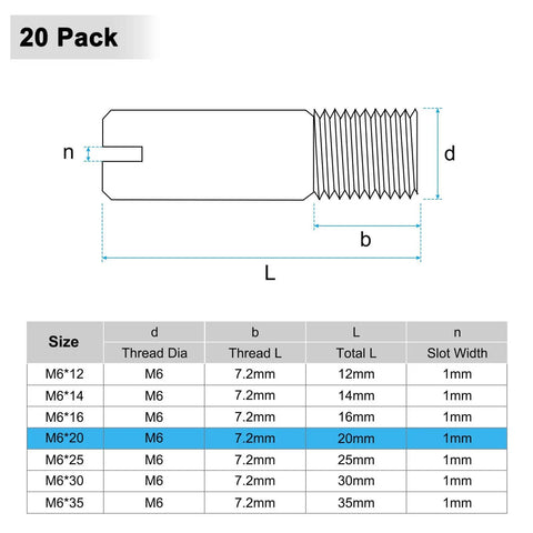 Diagram and size chart for 20 Pack M6 20mm Slotted Cylindrical Dowel Pins In 304 Stainless Steel External Thread Locating Pins.