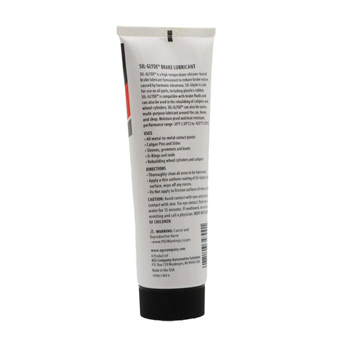 AGS SIL-Glyde 4 oz silicone brake lubricant tube, white body with black cap for disc brake squeal prevention
