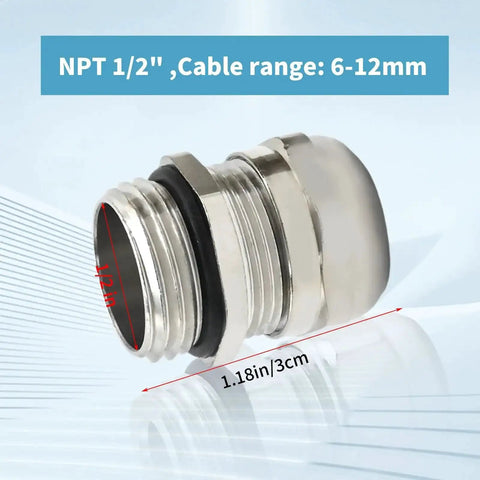 Four Pack Nickel Plated Copper Cable Glands 1/2 NPT Adjustable 6-12mm Waterproof Joints close-up, silver color