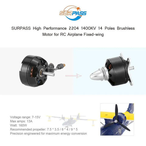 Image showing Surpass High Performance 2204 1400KV Brushless Motor for RC Airplane Fixed Wing with aluminum heatsink on display.