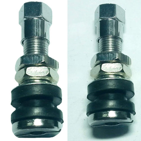 Two silver stainless steel motorcycle tire valve stems shown in front and side views for tubeless tires.