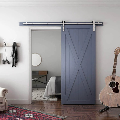 Brushed Nickel Sliding Barn Door Hardware Kit With 6.6-Foot Rail For 36-40 Inch Doors, Quiet Smooth Track installed in home interior.