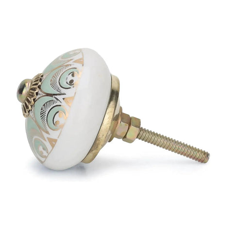 Side view of Green Gold Handmade Ceramic Cabinet Knob for dressers, showing decorative pattern and gold finish, single knob.