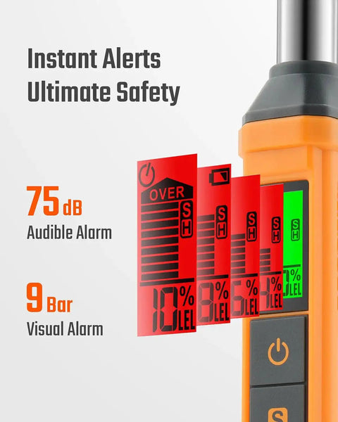 Extendable Gas Leak Detector With Telescoping Rod Portable Propane Methane Natural Gas Sniffer For Home And RV Detect Combustible Leaks Fast Includes 2 Batteries Bright Orange with alarm display showing 75 dB audible alarm and 9 bar visual alarm indicators