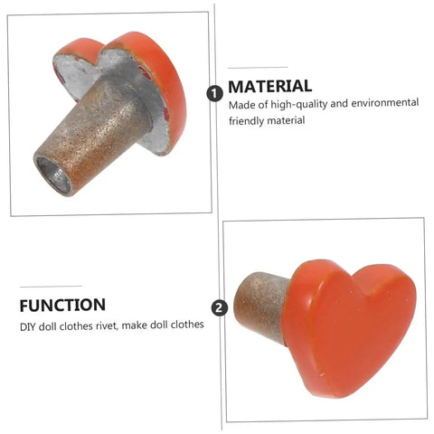 Orange heart-shaped doll rivet, side view, ideal for DIY doll clothes. Made of high-quality material, part of 100 pieces set.