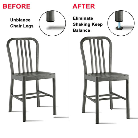 Comparison of chair legs before and after using Eight Pack M6 Threaded Adjustable Furniture Levelers Feet For Table And Chair Legs Screw In Leveling Glides No Slip Easy Install To Fix Unlevel Furniture And Protect Floors From Scratches.