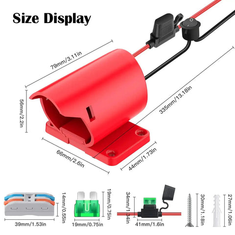 12V Power Wheel Battery Adapter Kit With 30A Fuse And 12AWG Silicone Copper Wire showing dimensions and components