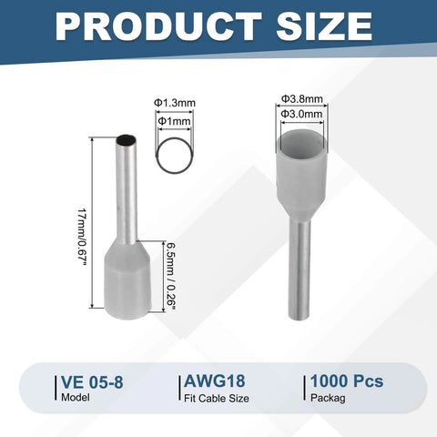 Beefy 1000 Pcs AWG18 Copper Insulated Wire Ferrules Crimp Terminals Kit For Stranded Wire Heavy Duty Electric Power And Industrial Control Systems Gray, showing dimensions and size details.