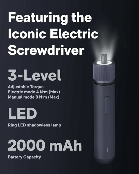 Image of a smart electric screwdriver with LED light, adjustable 3-level torque, and 2000 mAh battery capacity for tool kits.
