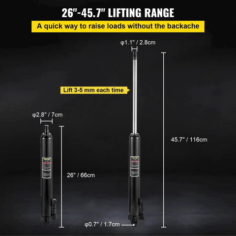 Image showing the Three Ton Hydraulic Long Ram Jack With Clevis Base For Engine Hoist extended and retracted, dimensions displayed.