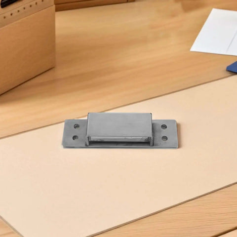 Concealed Hidden Door Hinges Five Inch Silver Adjustable Beefy Heavy Duty Square Flush Mount Hardware on wooden surface
