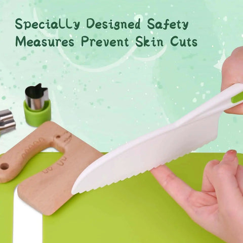 Montessori Kitchen Tools For Toddlers 13 Piece Set With Kid Safe Knives Crinkle Cutter Peeler Cutting Boards Wooden Knives And Sandwich Cutters For Real Cooking And Easy Hands On Learning showing child using a safe knife.