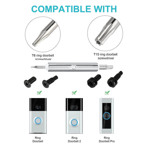 Must Have Replacement Doorbell Screwdriver And USB Charging Cable Kit For Video Doorbell Series 1 2 3 Pro Elite Fits Ring Video Doorbell Systems Security Screws Orange with T6 and T15 tips shown above compatible Ring models.