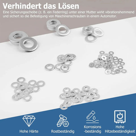 Beefy Heavy Duty Stainless Steel Flat Washers Set 100 Pack One Quarter Inch To Five Eighths Inch Outer Diameter in labeled compartments