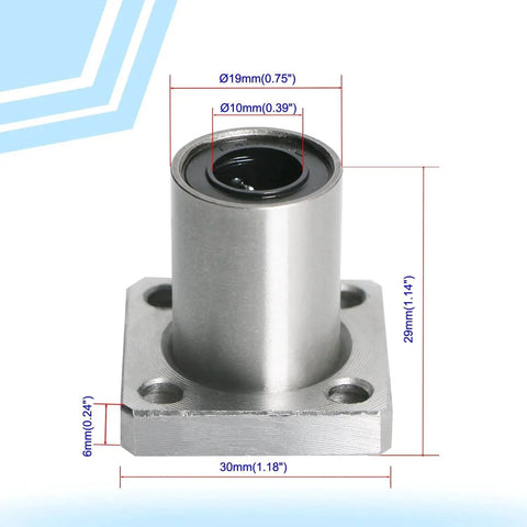 Beefy LMK10UU square flange linear ball bearing 10mm ID 19mm OD, shown with dimensions, for CNC machines and 3D printers
