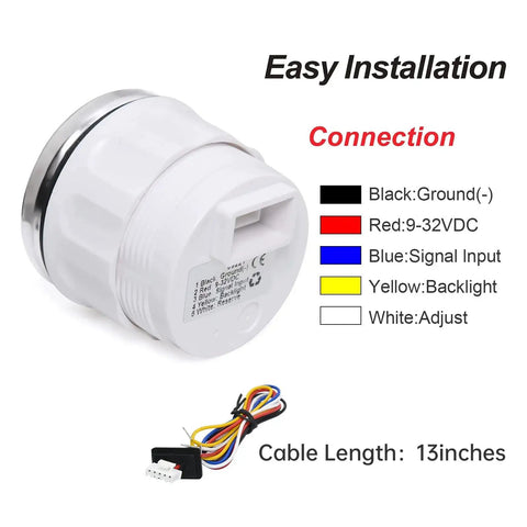 Back view of Oil Pressure Gauge 52mm with labeled wiring harness for easy installation and connection guide, 13-inch cable