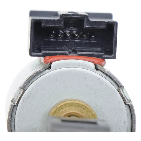 CVT transmission stepper motor, front view, metal housing with black 4-pin connector