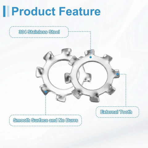 Five Sixteenth Inch External Tooth Lock Washer Set Twenty Pieces 304 Stainless Steel Multi Tooth Star Locking Washers close-up