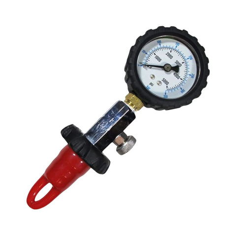 Scuba tank pressure gauge with red handle and black rubber bezel; stainless steel DIN valve connector; 5000 psi/350 bar