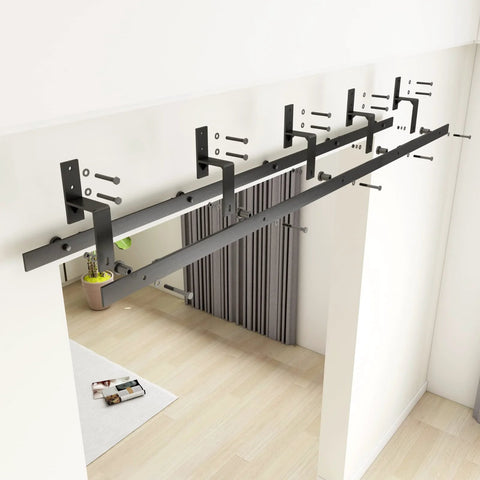 Bypass Glass Barn Door Kit With Double 6-Foot Hardware, Black Carbon Steel Frame installed over doorway, floor guides visible