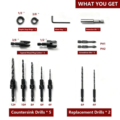 Contents of the 15-Piece Countersink Drill Bit Set With Adjustable Tapered Countersinks Wood Plug Cutters Magnetic Extension Bit Holder Depth Stop Rings 1/4 Inch Hex Shank PH1 PH2 Screwdriver Bits Allen Key And Storage Case For DIY Woodworking.