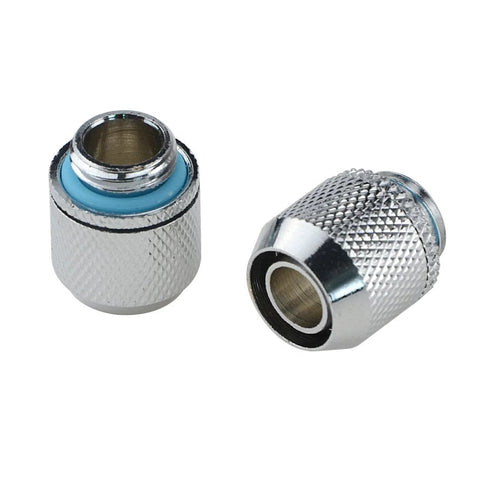 Two silver chrome compression fittings for PC water cooling, G1/4 to 3/8 in ID tubing, 1/2 in OD, straight joint