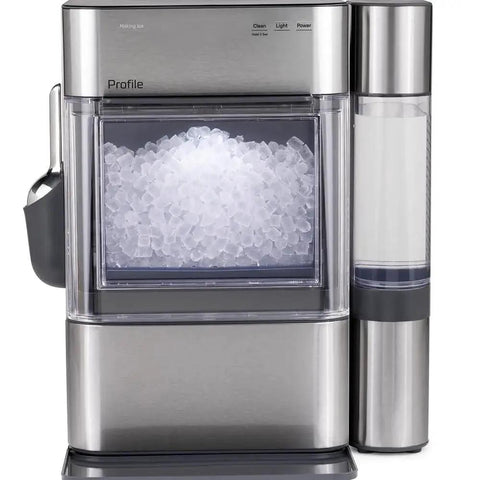 Front view of GE Profile Opal 2.0 Nugget Ice Maker With Side Tank Pellet Ice WiFi 38 Lb 24 Hr, showing pellet ice and water tank.