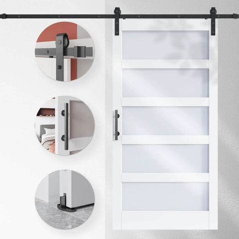 Glass Barn Door 42 By 84 Inches With 7 Feet Sliding Hardware Kit And Handle Solid Wood Core Covered In Waterproof PVC Surface