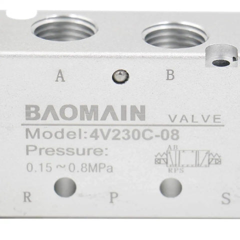 Close-up of Internally Piloted 4V230C 08 Pneumatic Solenoid Valve showing PT connections and operating pressure markings.